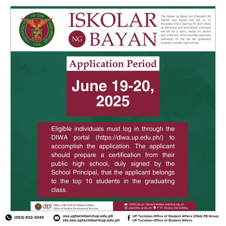 The application for the Iskolar ng Bayan Program is now OPEN.