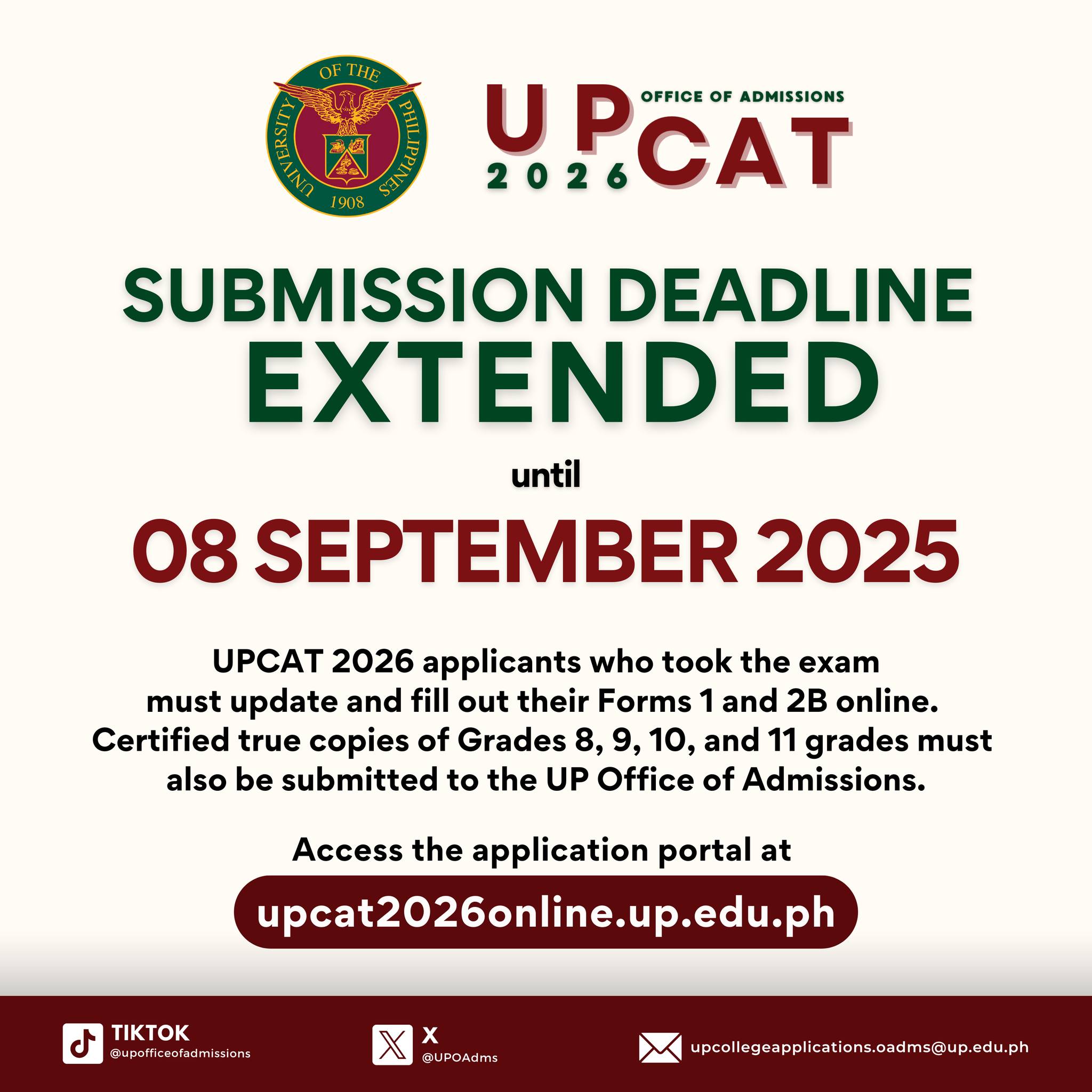 UPCAT 2026 Extended Deadline of Form 2B, Form 2A, and Grades Submission