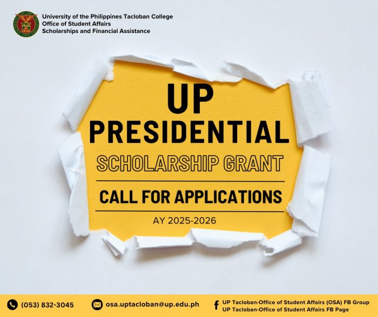 The UP Tacloban Office of Student Affairs is now accepting applications for the UP Presidential Scholarship Grant AY 2025–2026.